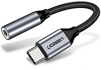 Переходник UGREEN AV142-30632, Type-C (M) to AUX 3.5mm (F), аналоговый звук; металлический, с проводом 10 см, Gray