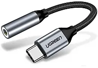 Переходник UGREEN AV142-30632, Type-C (M) to AUX 3.5mm (F), аналоговый звук; металлический, с проводом 10 см, Gray